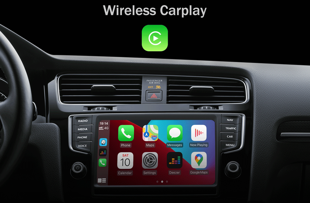 A head-unit screen switch show between the main interface of CarPlay and Android Auto